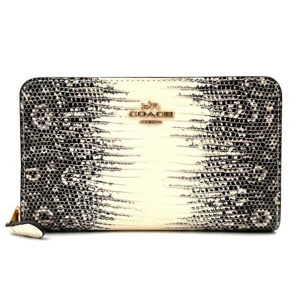 Coach Medium Id Zip Wallet in Lizard-embossed Black & White Leather CS591 - Picture 1 of 7